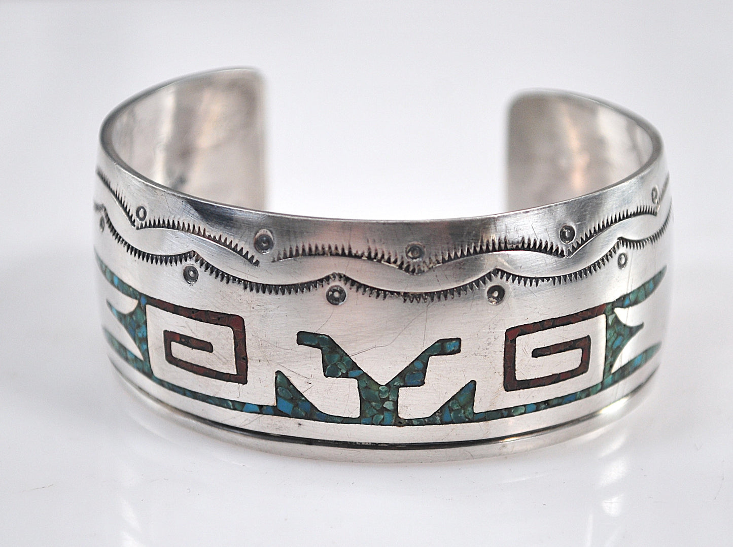 Signed Native American Turquoise Coral Inlay Cuff Bracelet