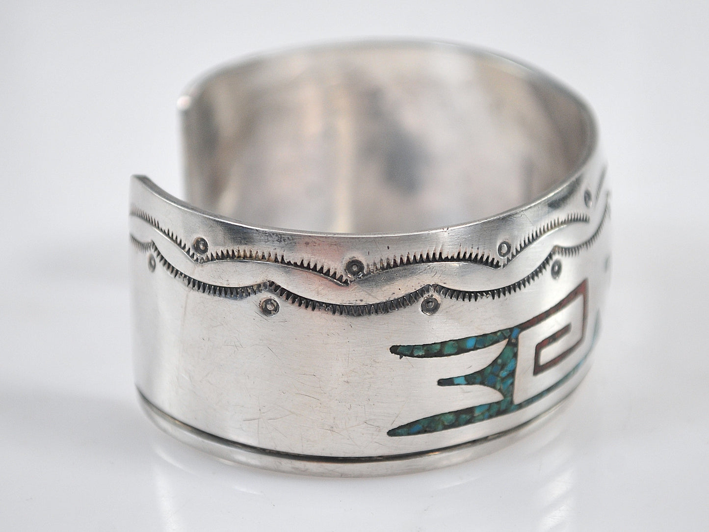 Signed Native American Turquoise Coral Inlay Cuff Bracelet
