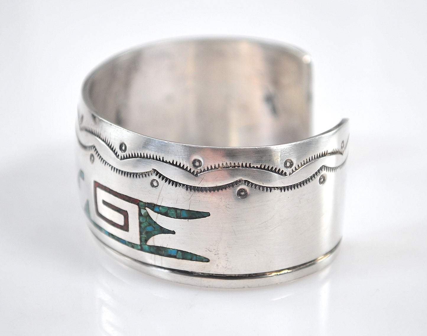 Signed Native American Turquoise Coral Inlay Cuff Bracelet