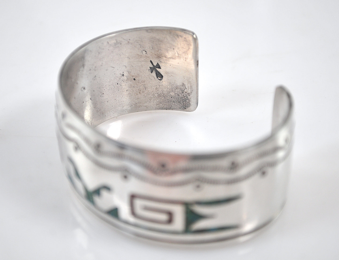 Signed Native American Turquoise Coral Inlay Cuff Bracelet