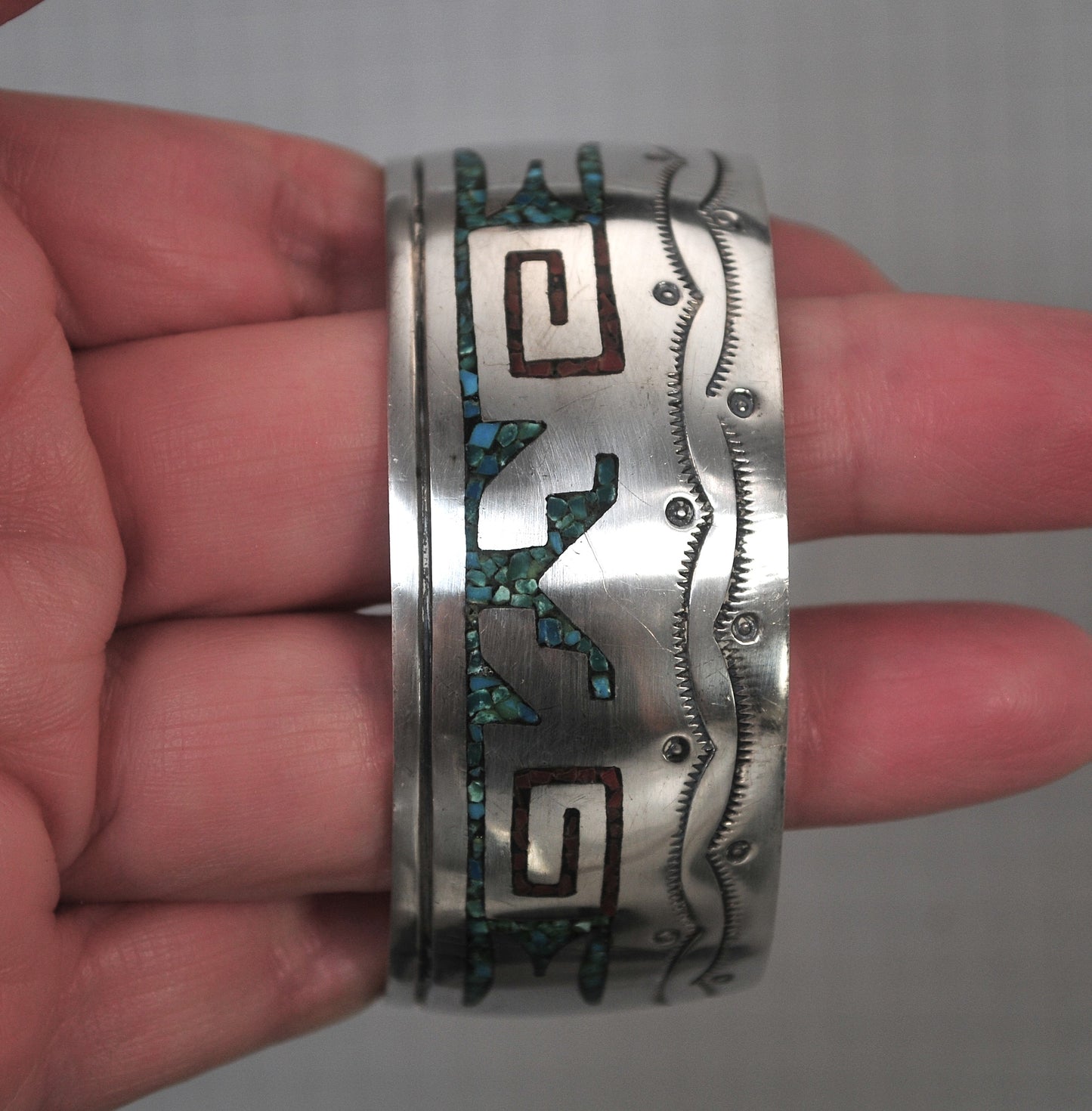 Signed Native American Turquoise Coral Inlay Cuff Bracelet