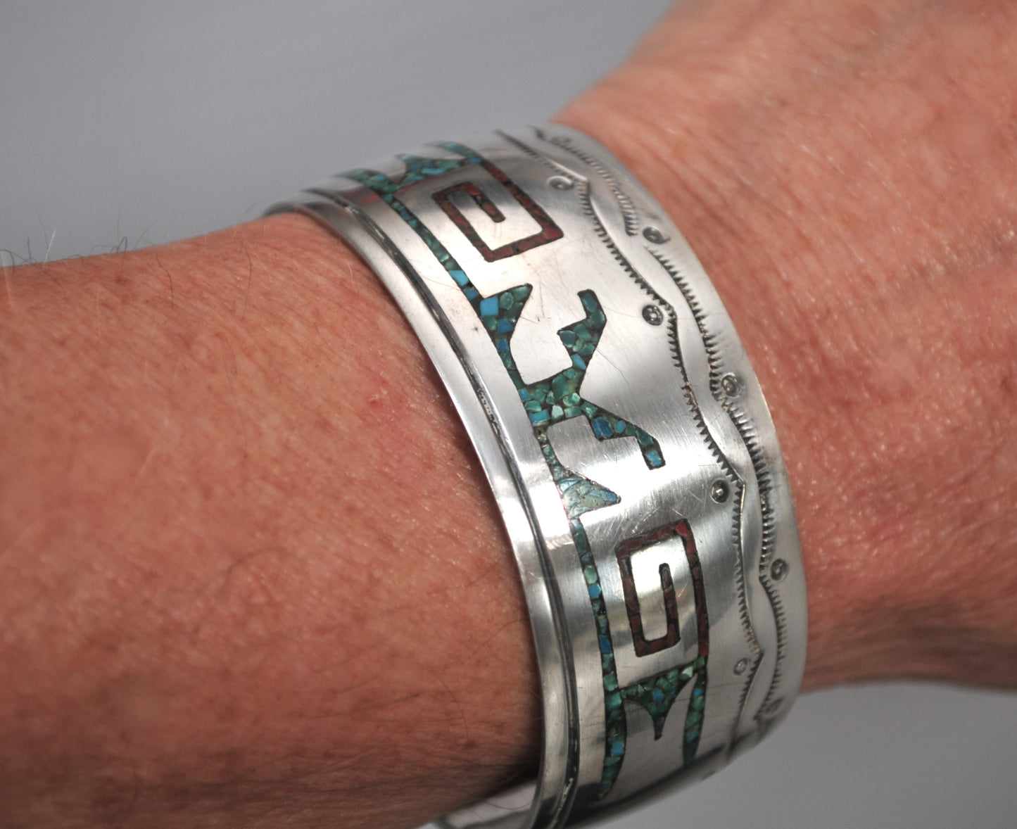 Signed Native American Turquoise Coral Inlay Cuff Bracelet
