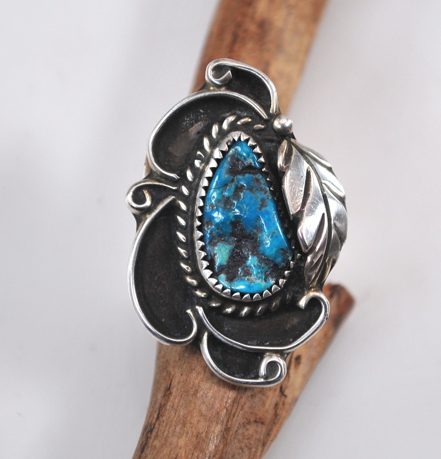 Large Navajo Sterling Silver Turquoise Leaf Ring