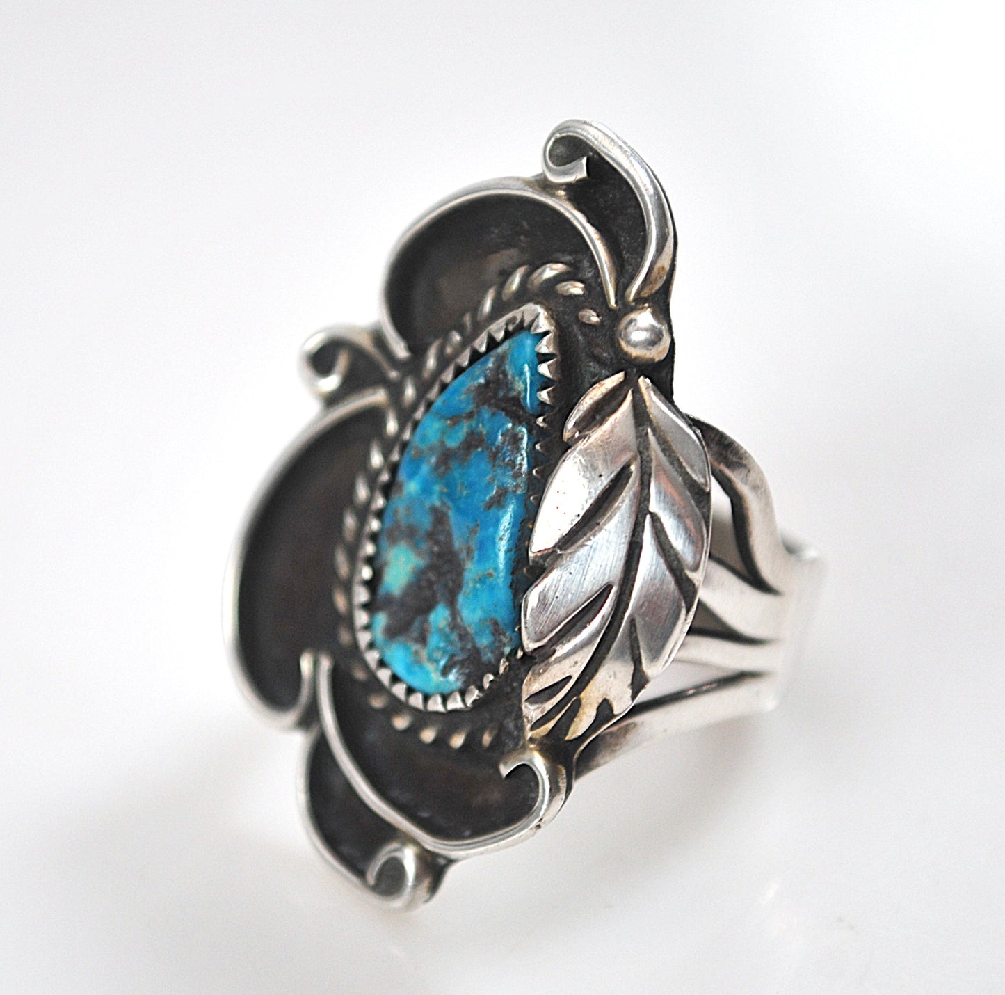 Large Navajo Sterling Silver Turquoise Leaf Ring