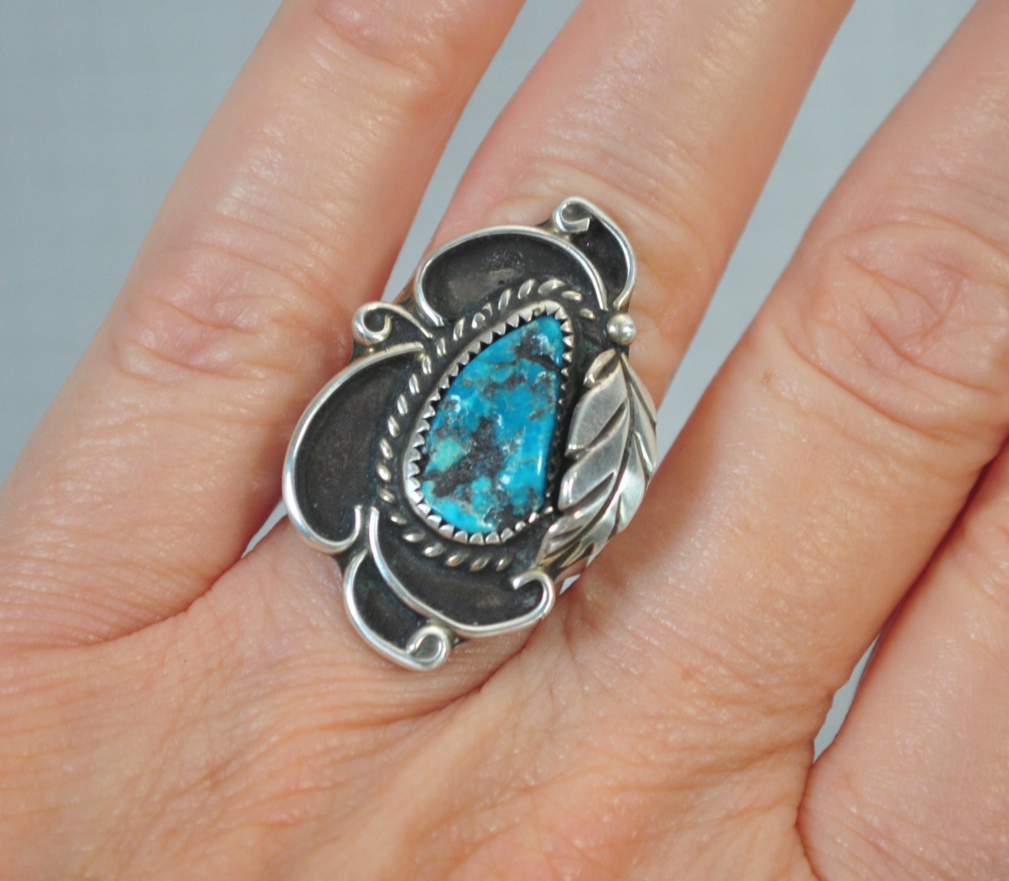 Large Navajo Sterling Silver Turquoise Leaf Ring