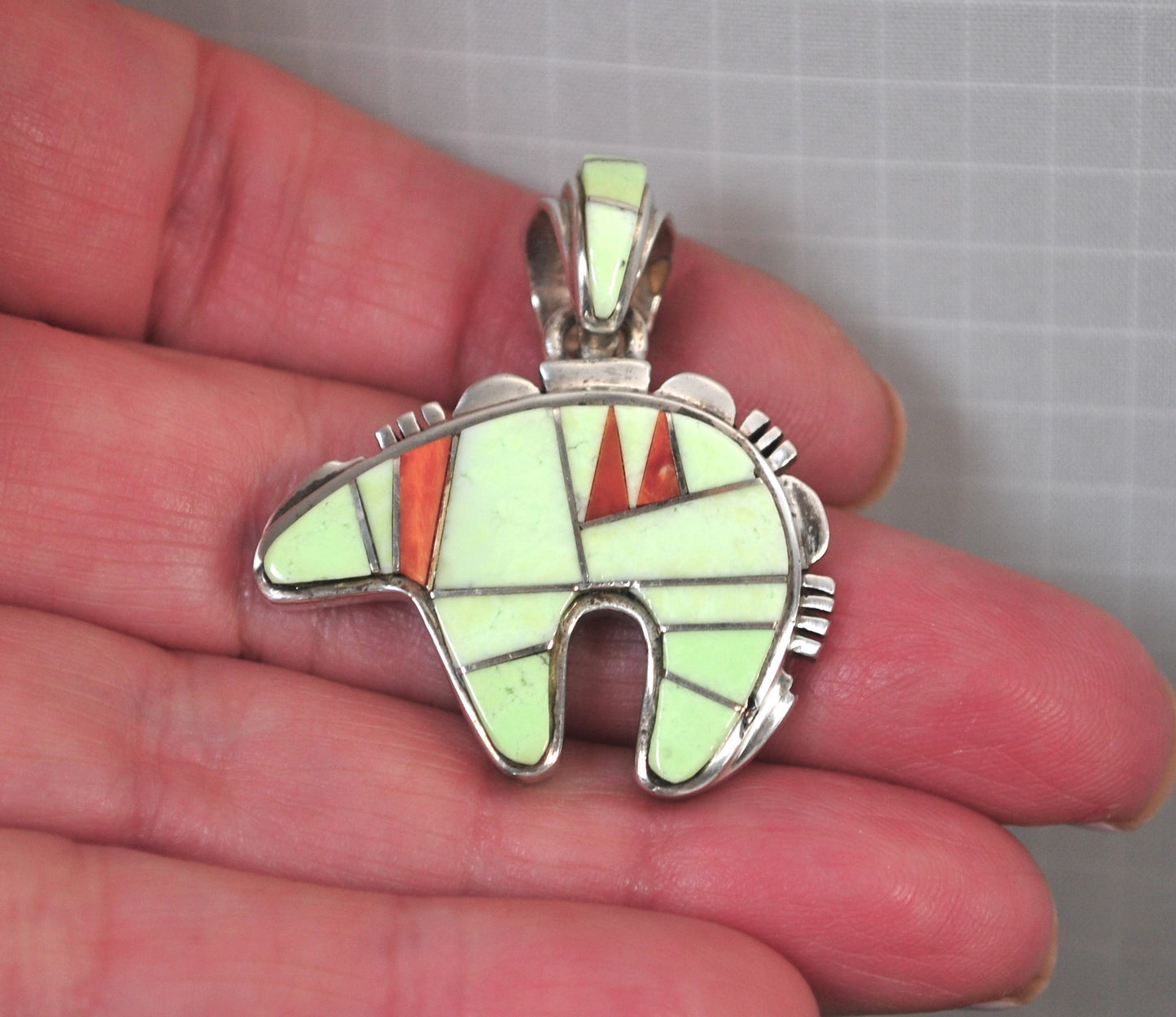 Calvin Begay Native American Sterling Silver Southwestern Inlay Bear Pendant