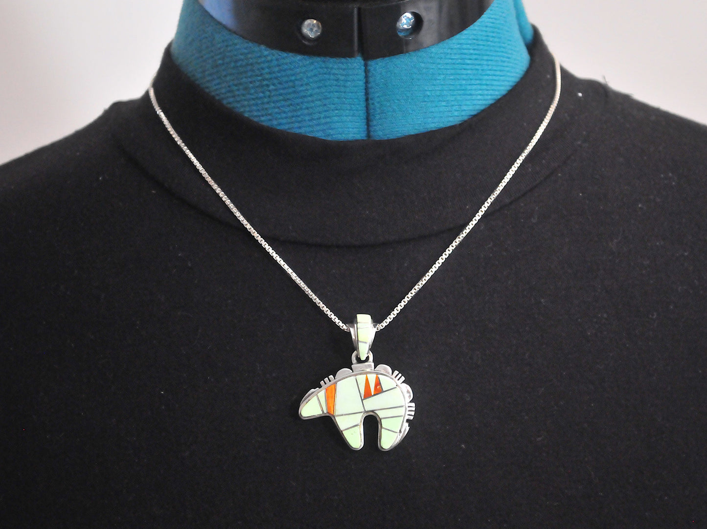 Calvin Begay Native American Sterling Silver Southwestern Inlay Bear Pendant