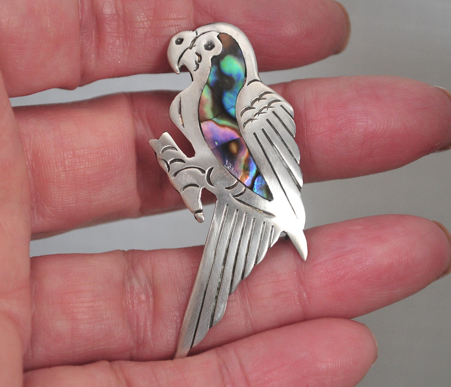 Old Mexico 925 Sterling Silver Abalone Parrot Brooch