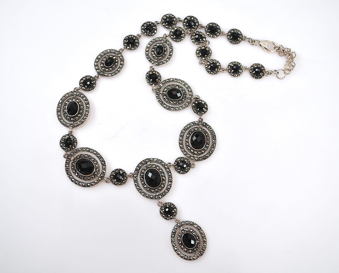 Thailand 925 Sterling Silver Black Onyx Marcasite Bib Necklace