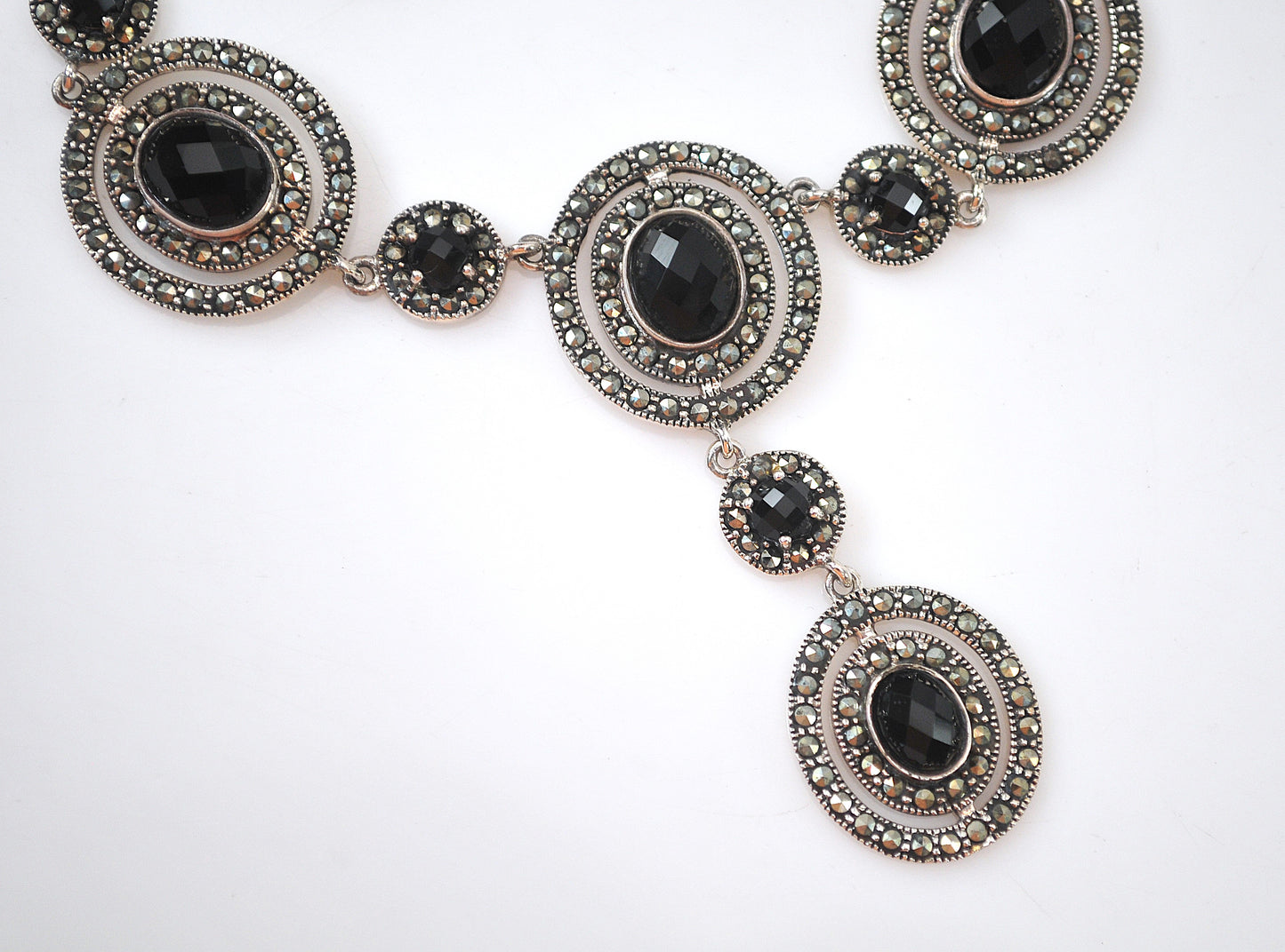 Thailand 925 Sterling Silver Black Onyx Marcasite Bib Necklace