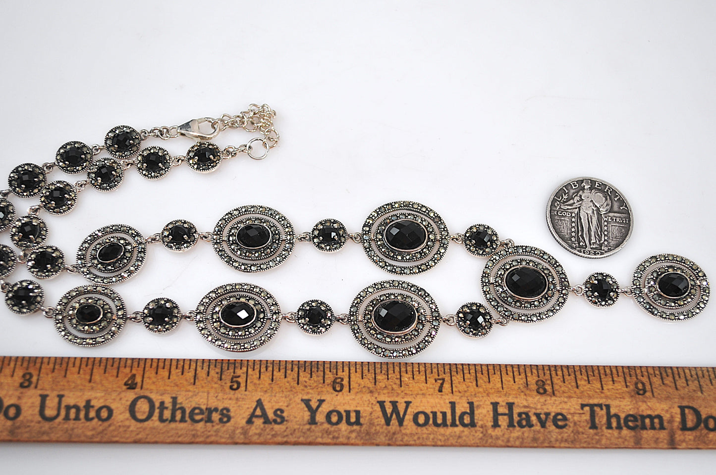 Thailand 925 Sterling Silver Black Onyx Marcasite Bib Necklace