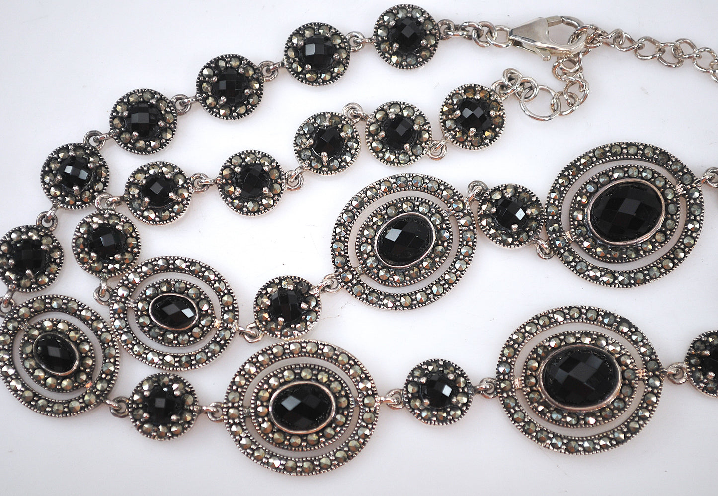 Thailand 925 Sterling Silver Black Onyx Marcasite Bib Necklace