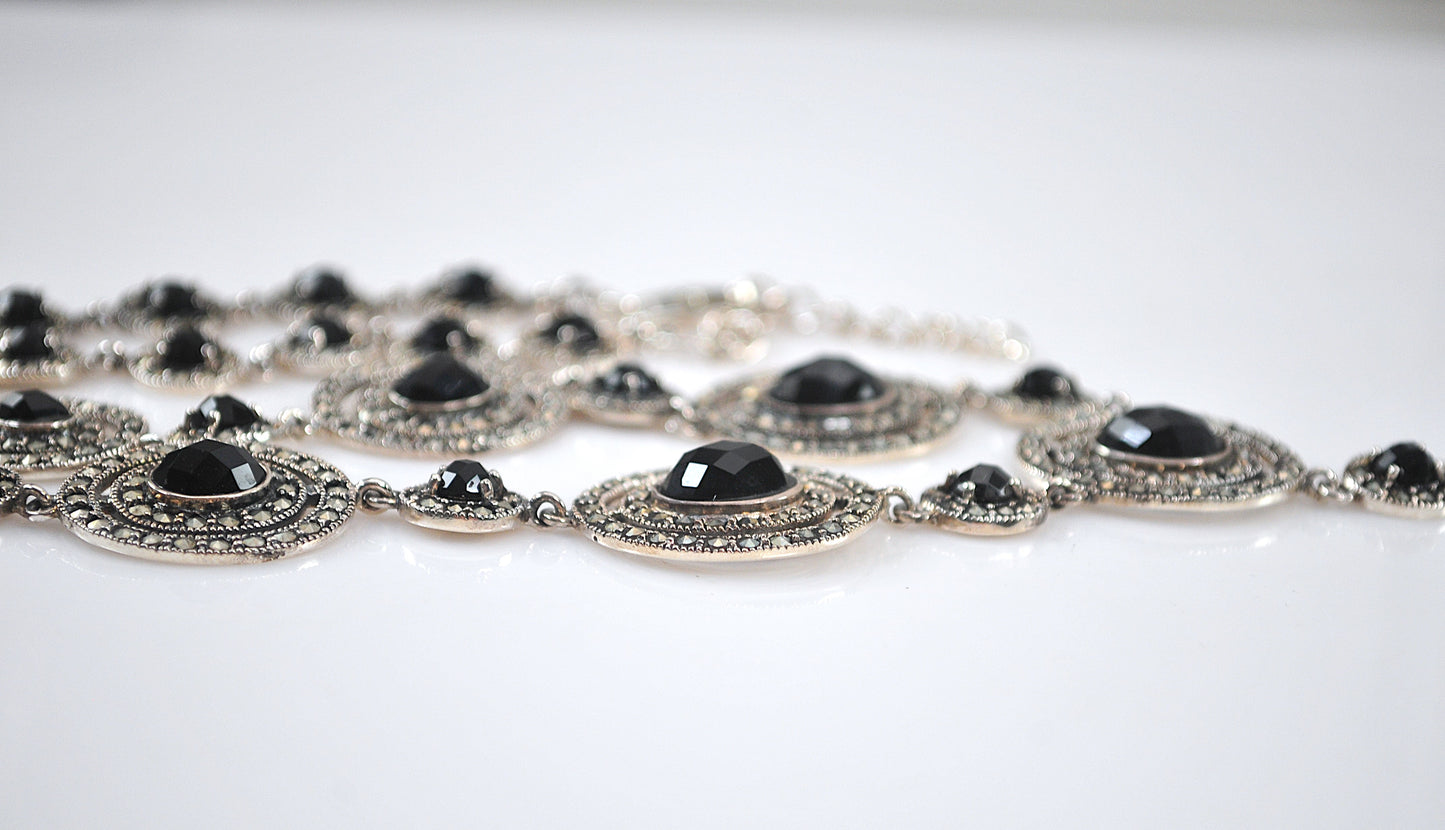 Thailand 925 Sterling Silver Black Onyx Marcasite Bib Necklace