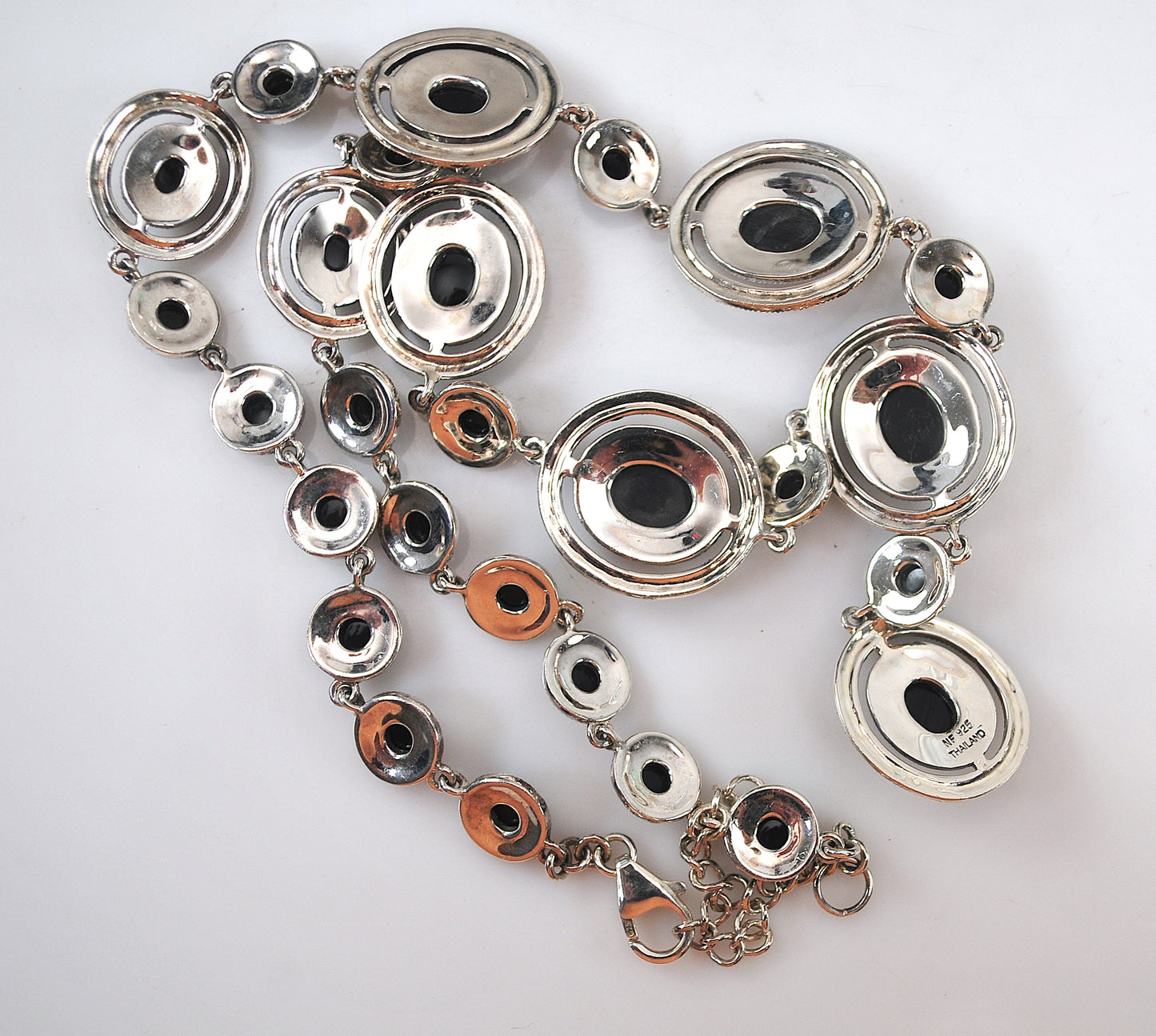 Thailand 925 Sterling Silver Black Onyx Marcasite Bib Necklace