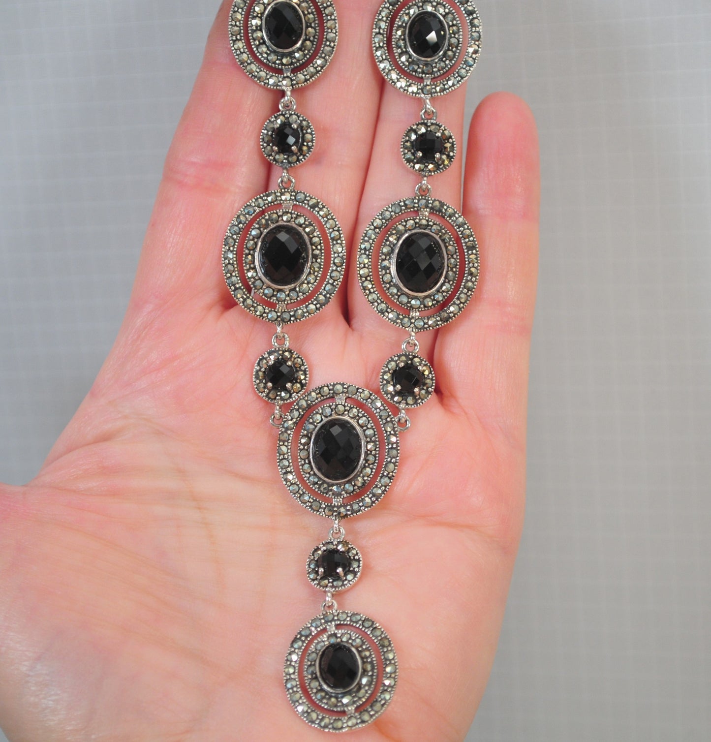Thailand 925 Sterling Silver Black Onyx Marcasite Bib Necklace