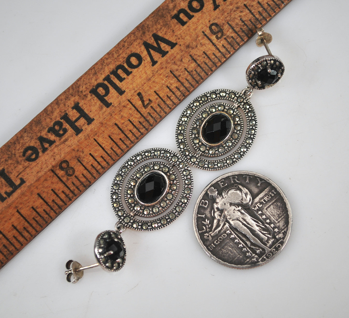 Thailand 925 Sterling Silver Black Onyx Marcasite Earrings