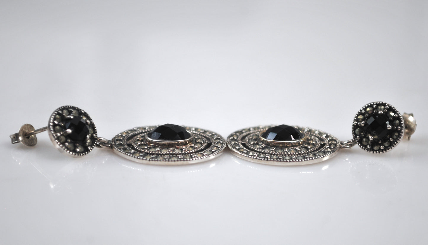 Thailand 925 Sterling Silver Black Onyx Marcasite Earrings