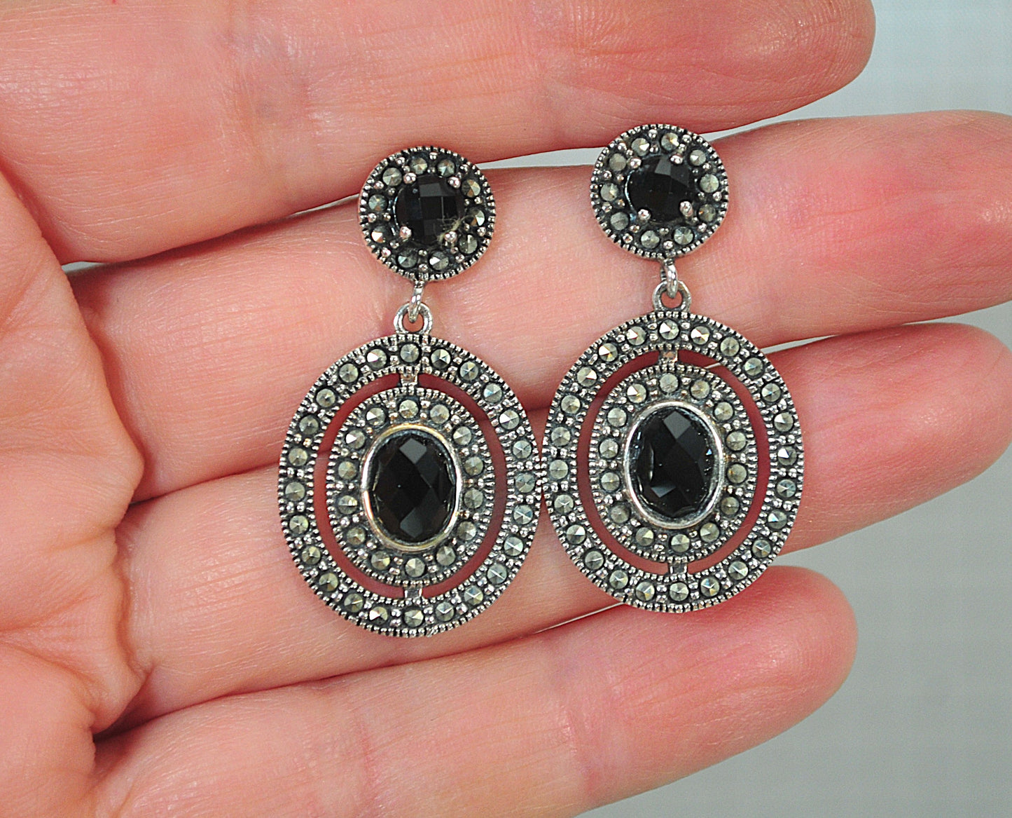 Thailand 925 Sterling Silver Black Onyx Marcasite Earrings