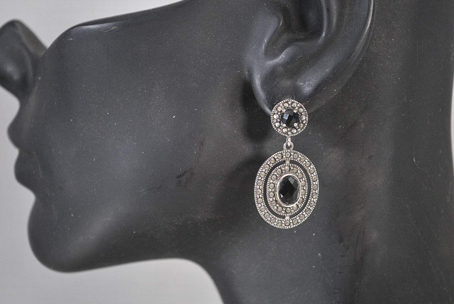 Thailand 925 Sterling Silver Black Onyx Marcasite Earrings