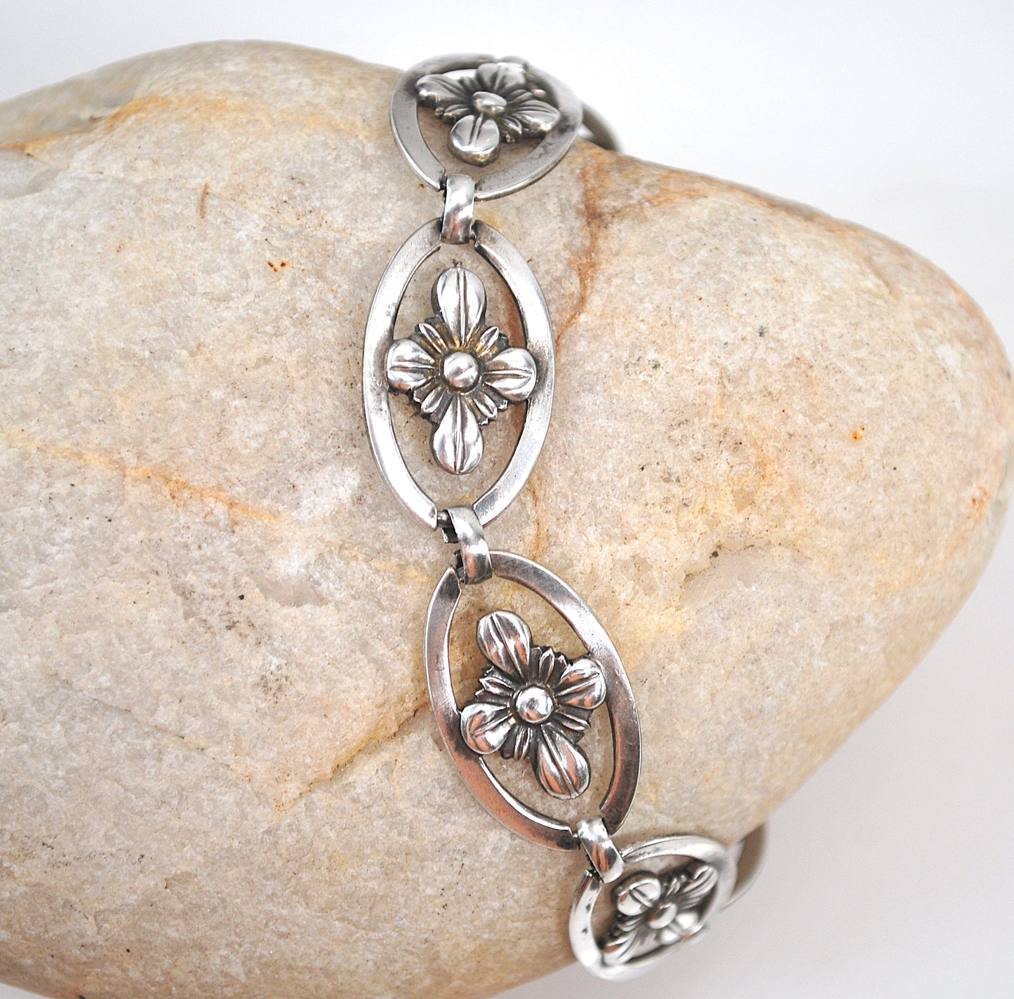 Mid-Century Signed Sterling Silver Flower Link Bracelet