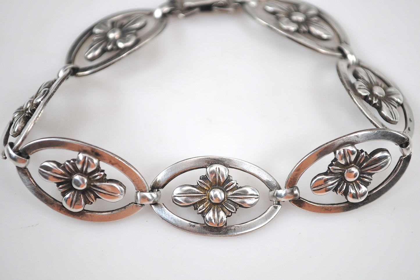 Mid-Century Signed Sterling Silver Flower Link Bracelet