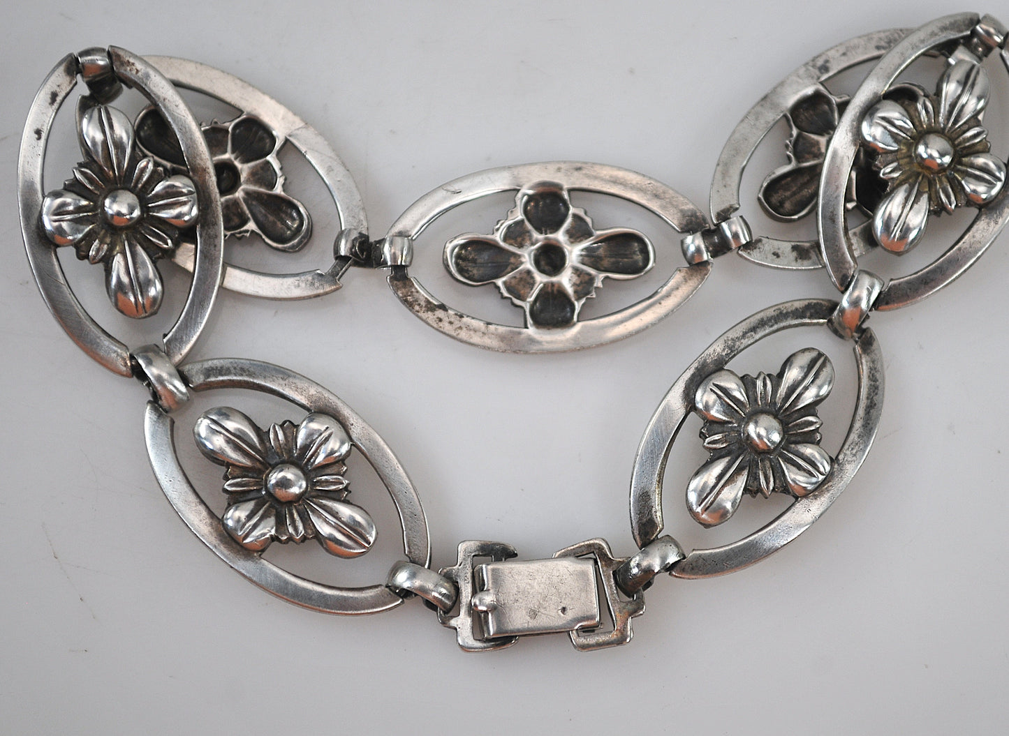 Mid-Century Signed Sterling Silver Flower Link Bracelet