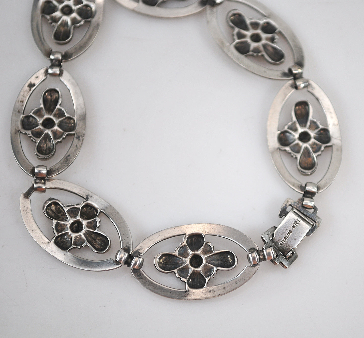 Mid-Century Signed Sterling Silver Flower Link Bracelet