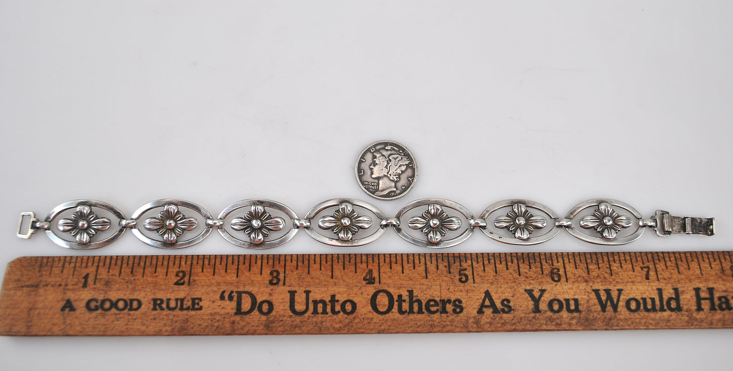 Mid-Century Signed Sterling Silver Flower Link Bracelet