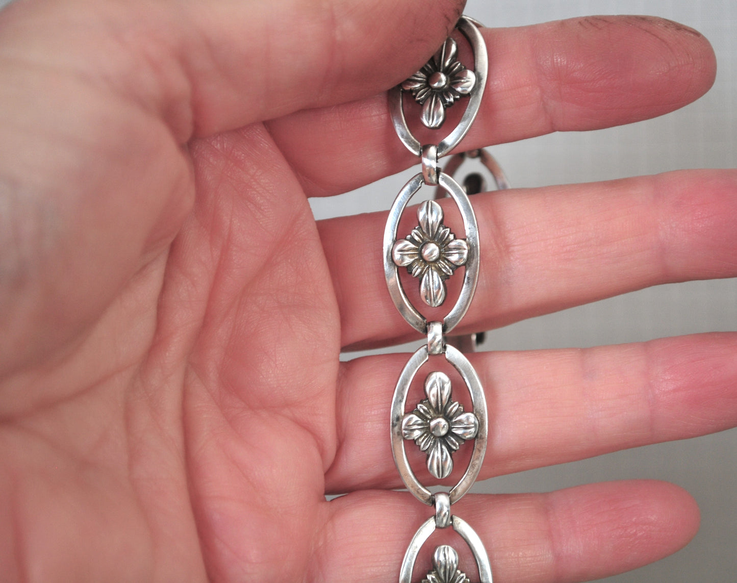 Mid-Century Signed Sterling Silver Flower Link Bracelet