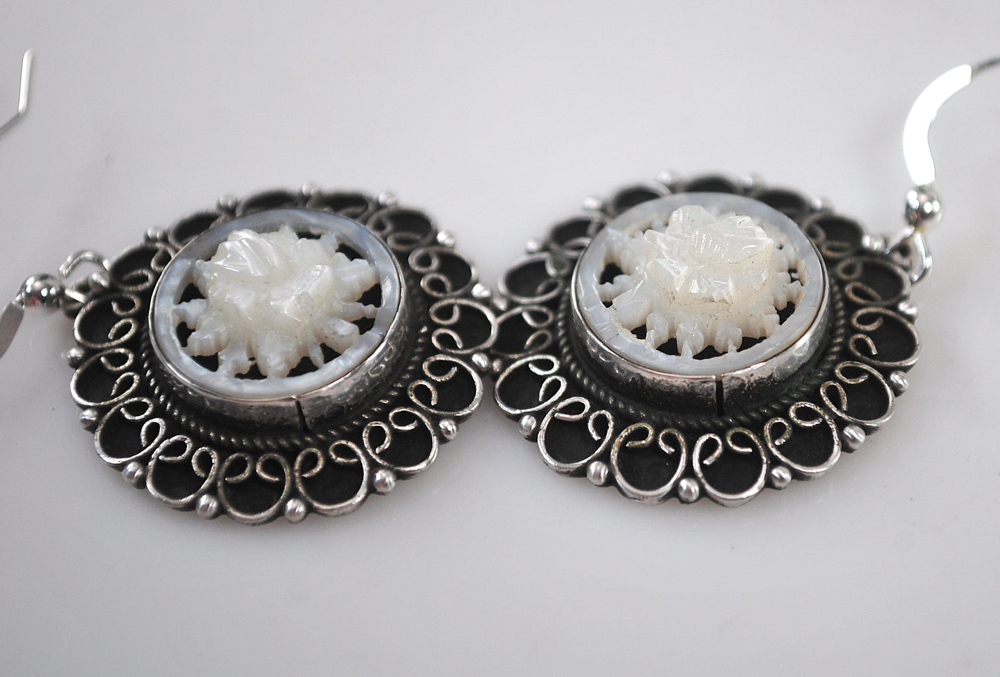 Israel 925 Sterling Silver Carved Mother of Pearl Earrings