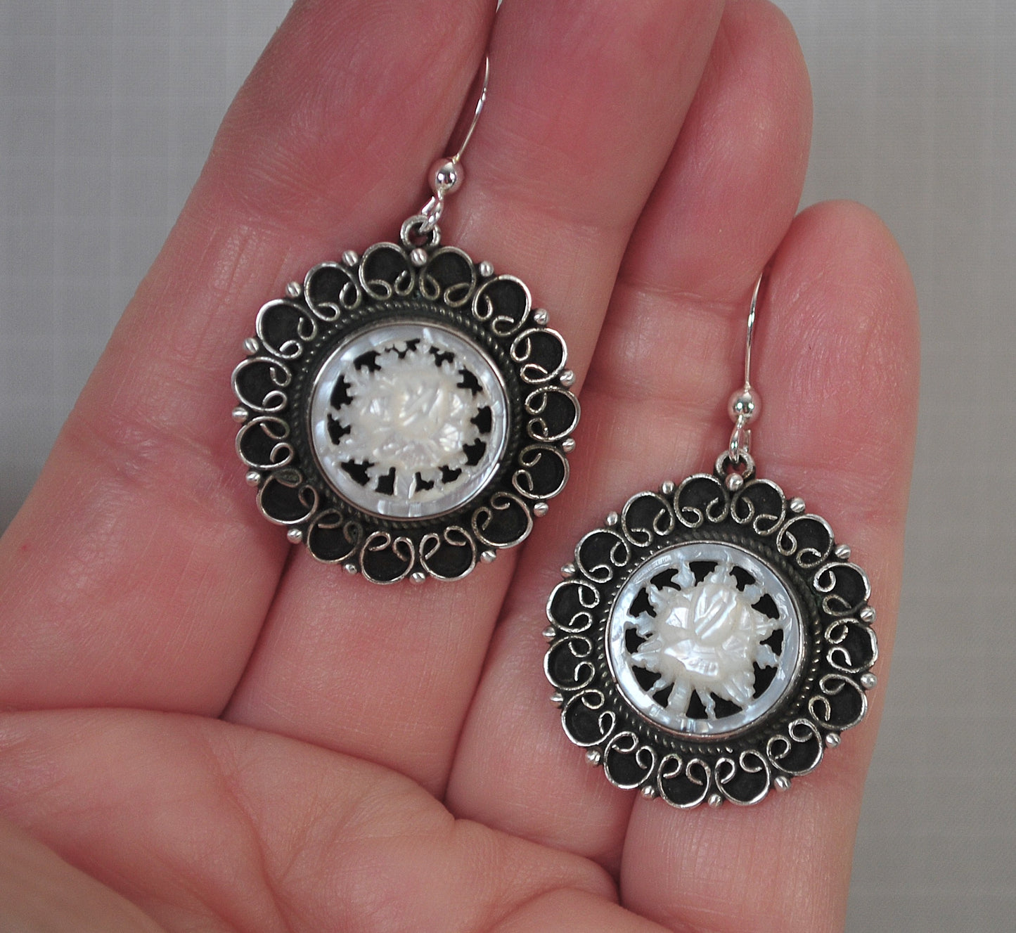 Israel 925 Sterling Silver Carved Mother of Pearl Earrings