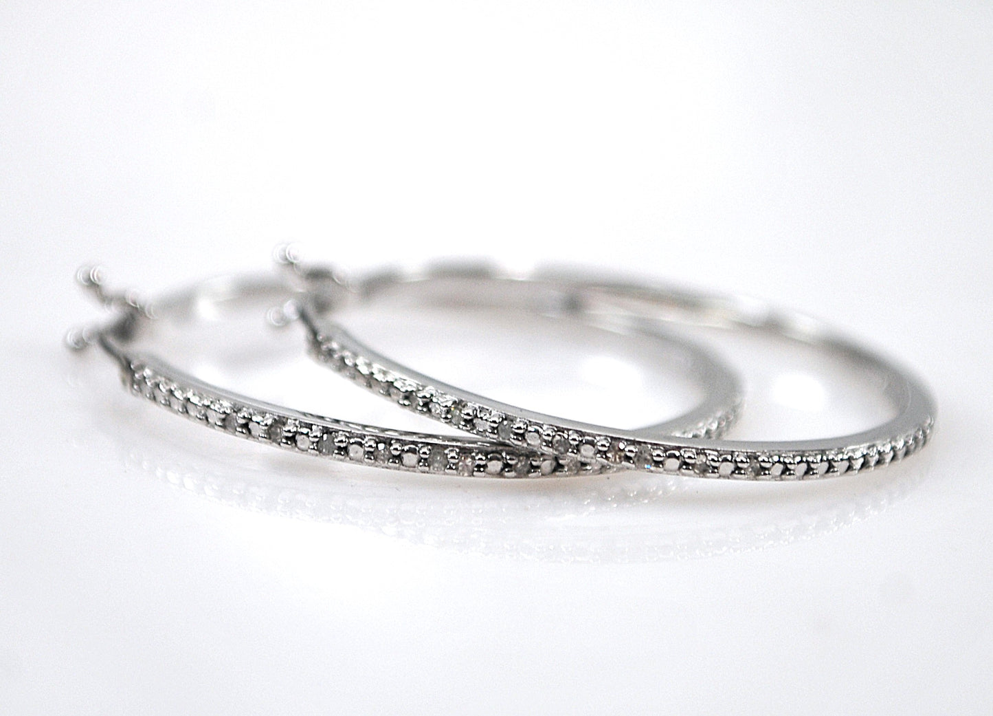 Signed Sterling Silver Genuine Diamond Hoop Earrings