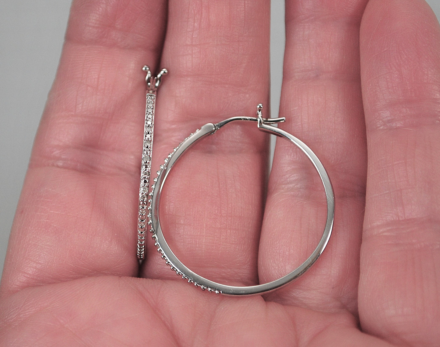 Signed Sterling Silver Genuine Diamond Hoop Earrings