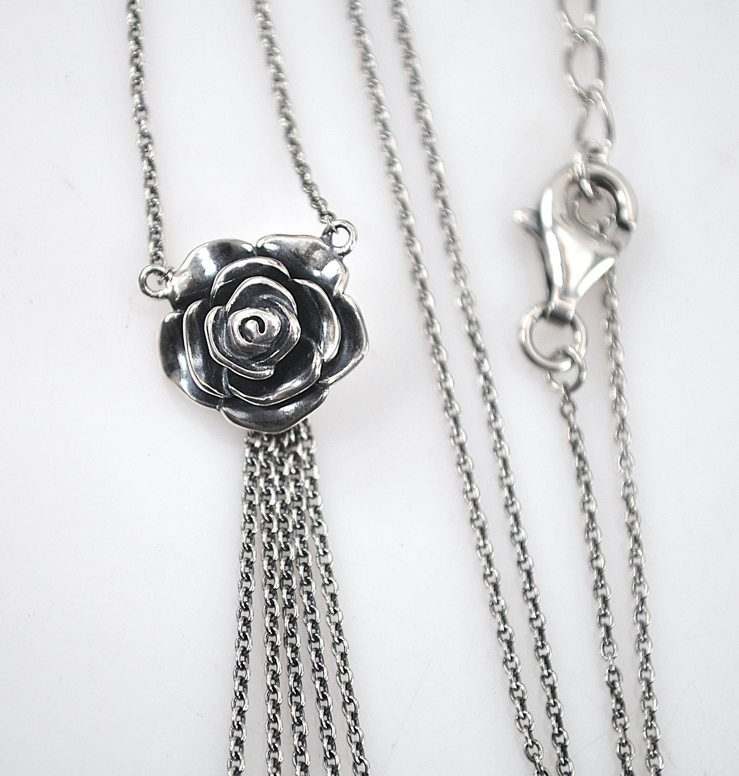 Designer Sterling Silver Rose Tassel Necklace