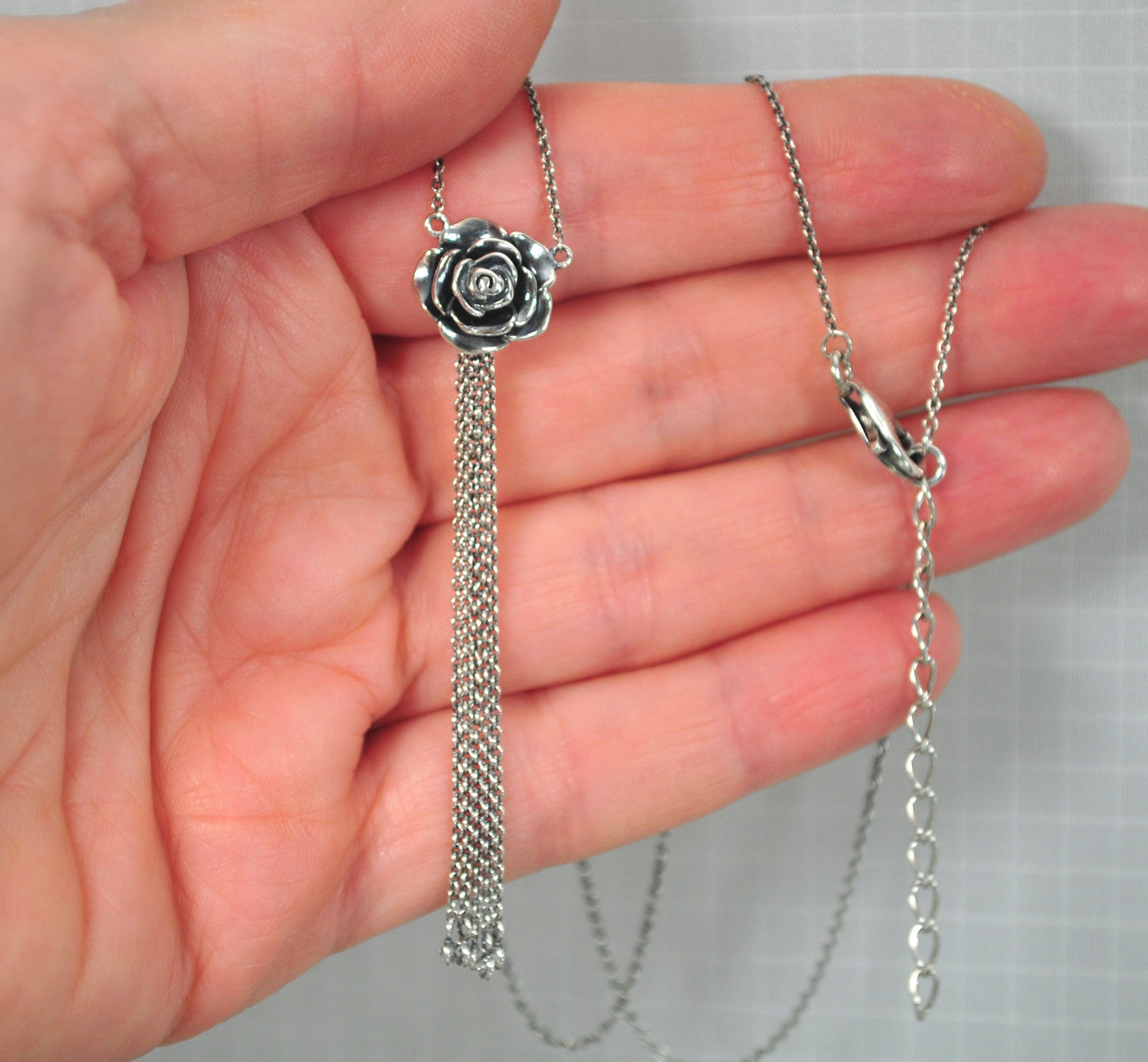 Designer Sterling Silver Rose Tassel Necklace
