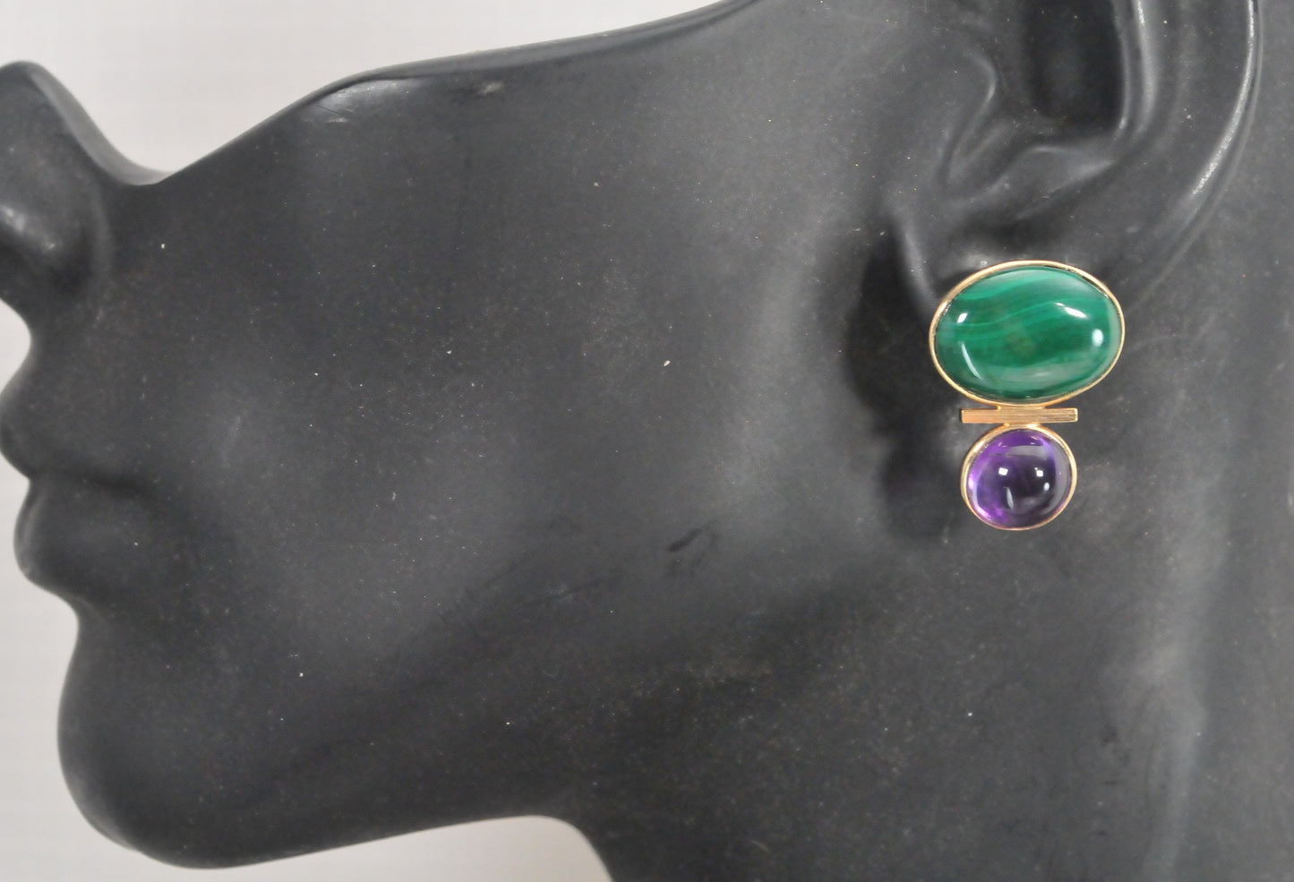 Signed 14K Gold Malachite Amethyst Earrings