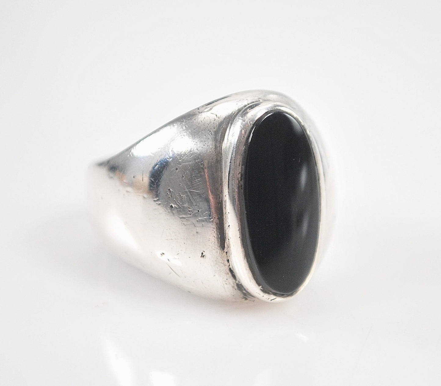 Vintage Heavy Oval Sterling Silver Black Onyx Ring