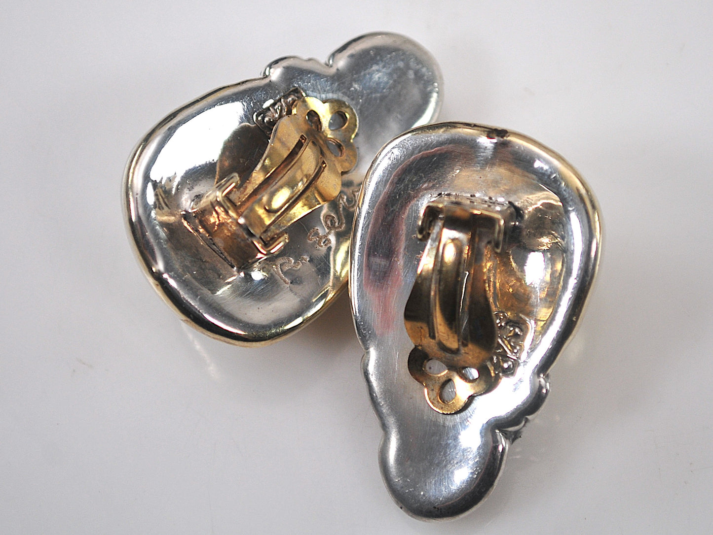 Large Signed Sterling Silver Two Tone Electroform Clip-On Earrings