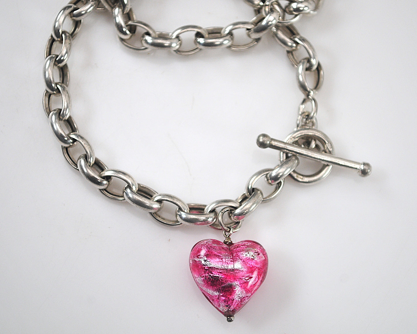 925 Italy Sterling Silver Murano Glass Heart Toggle Choker Necklace