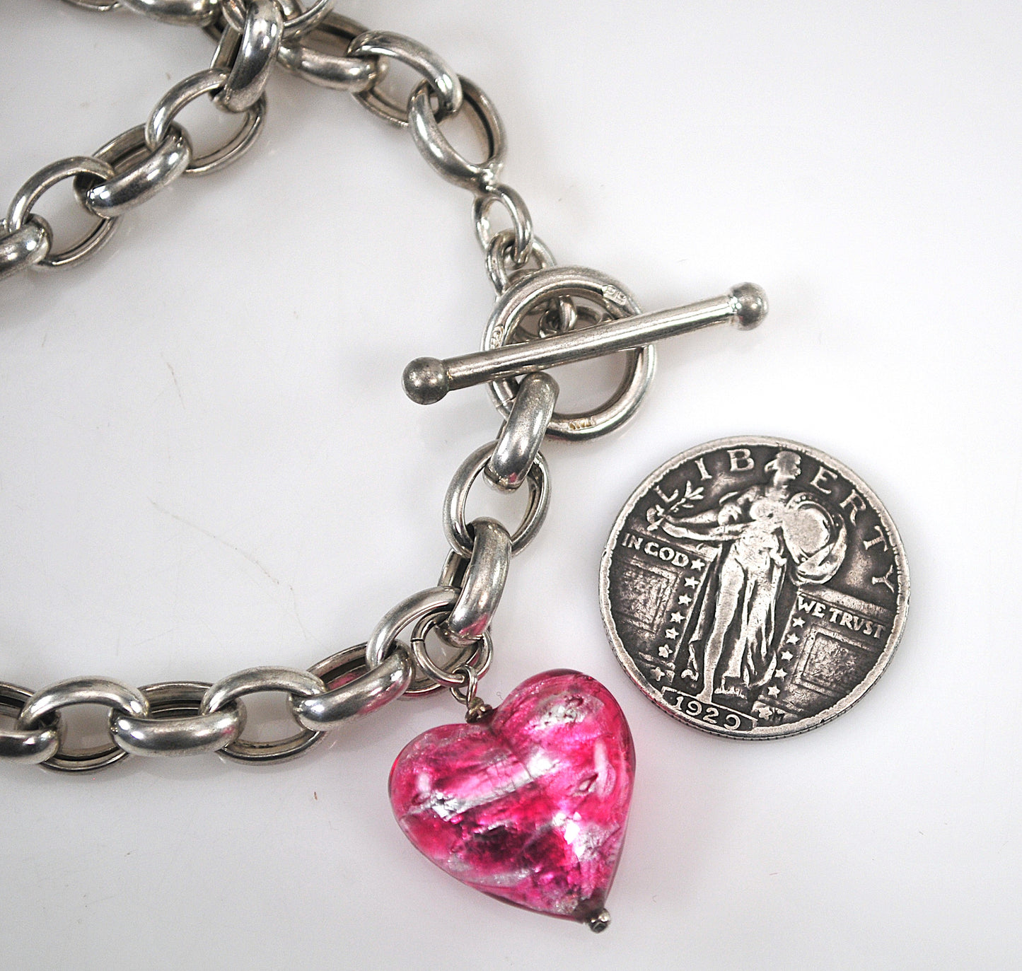 925 Italy Sterling Silver Murano Glass Heart Toggle Choker Necklace