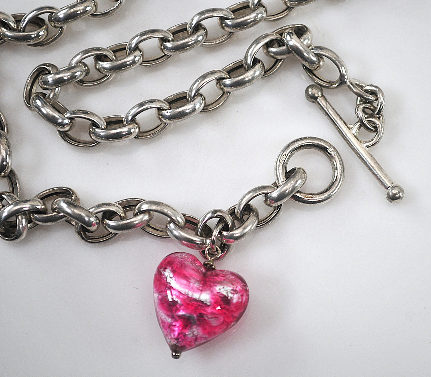 925 Italy Sterling Silver Murano Glass Heart Toggle Choker Necklace