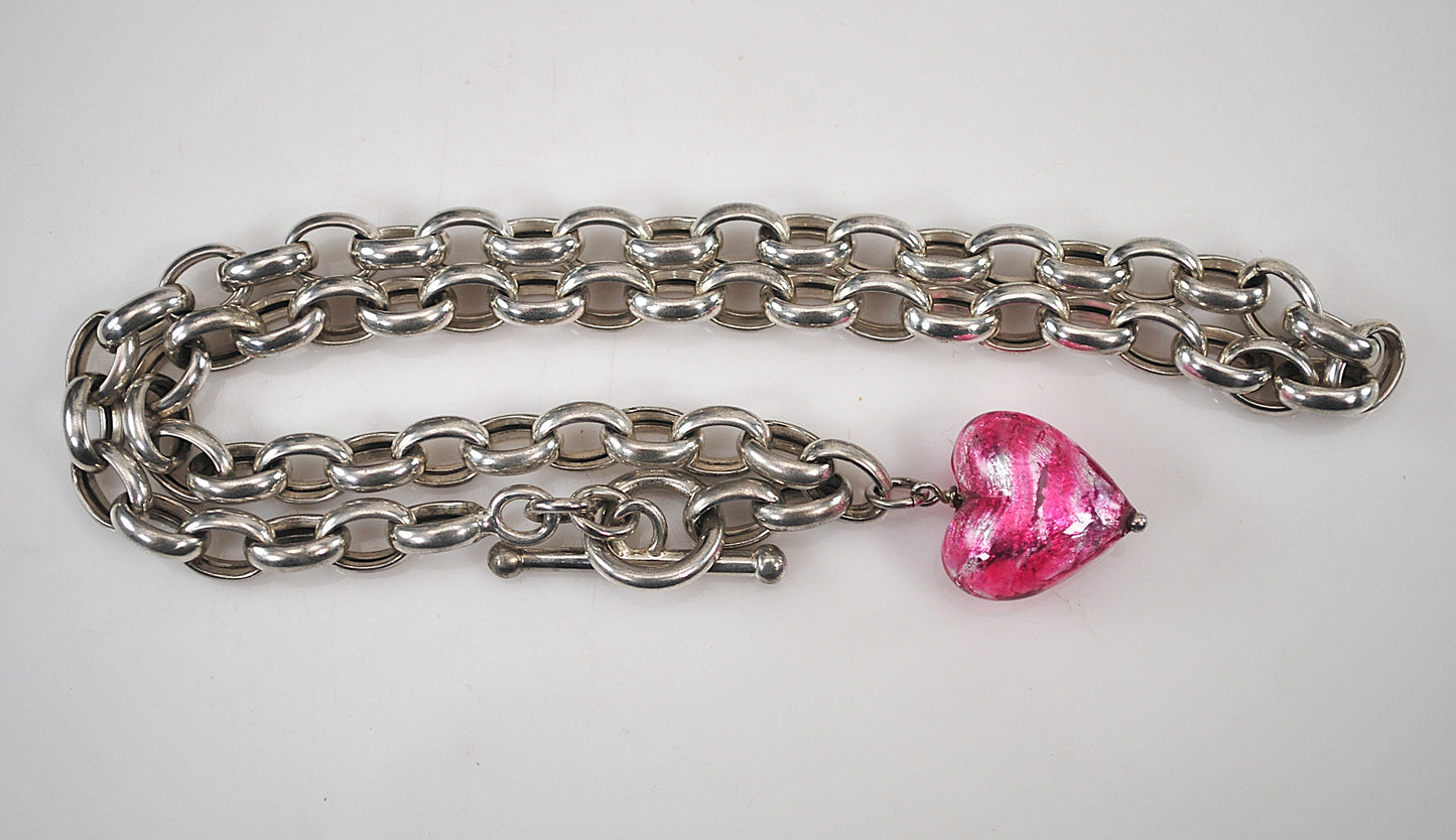 925 Italy Sterling Silver Murano Glass Heart Toggle Choker Necklace