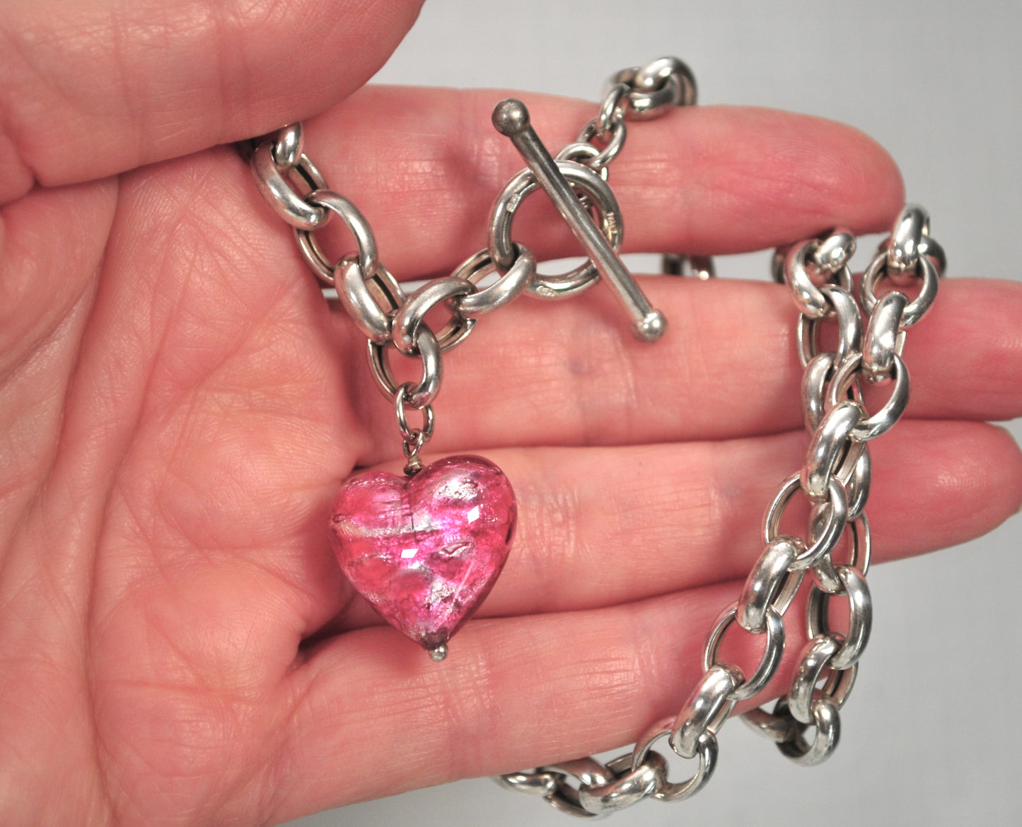 925 Italy Sterling Silver Murano Glass Heart Toggle Choker Necklace