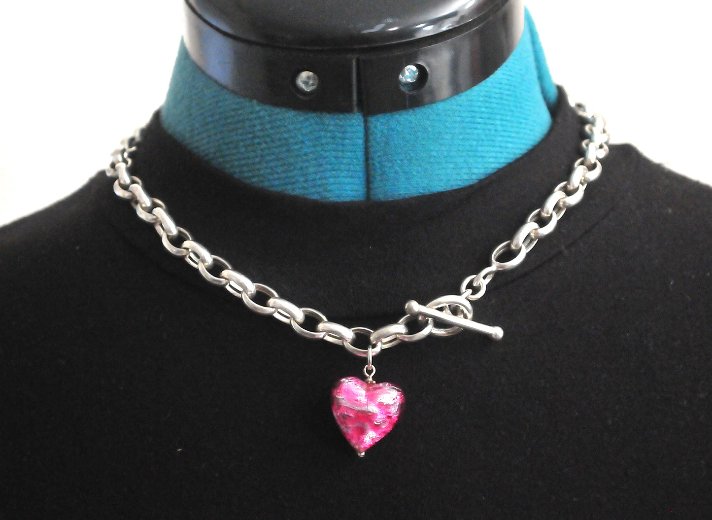 925 Italy Sterling Silver Murano Glass Heart Toggle Choker Necklace