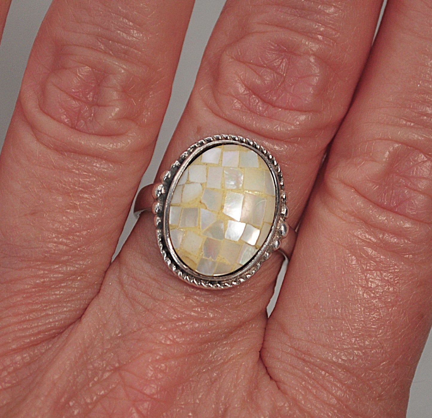 Signed Sterling Silver Mother of Pearl Mosaic Inlay Ring