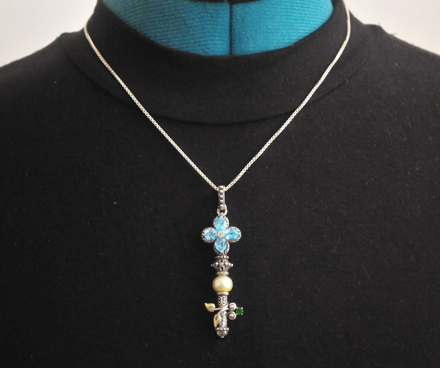 Barbara Bixby Sterling Silver 18K Gold Blue Topaz Pearl Key Enhancer Pendant