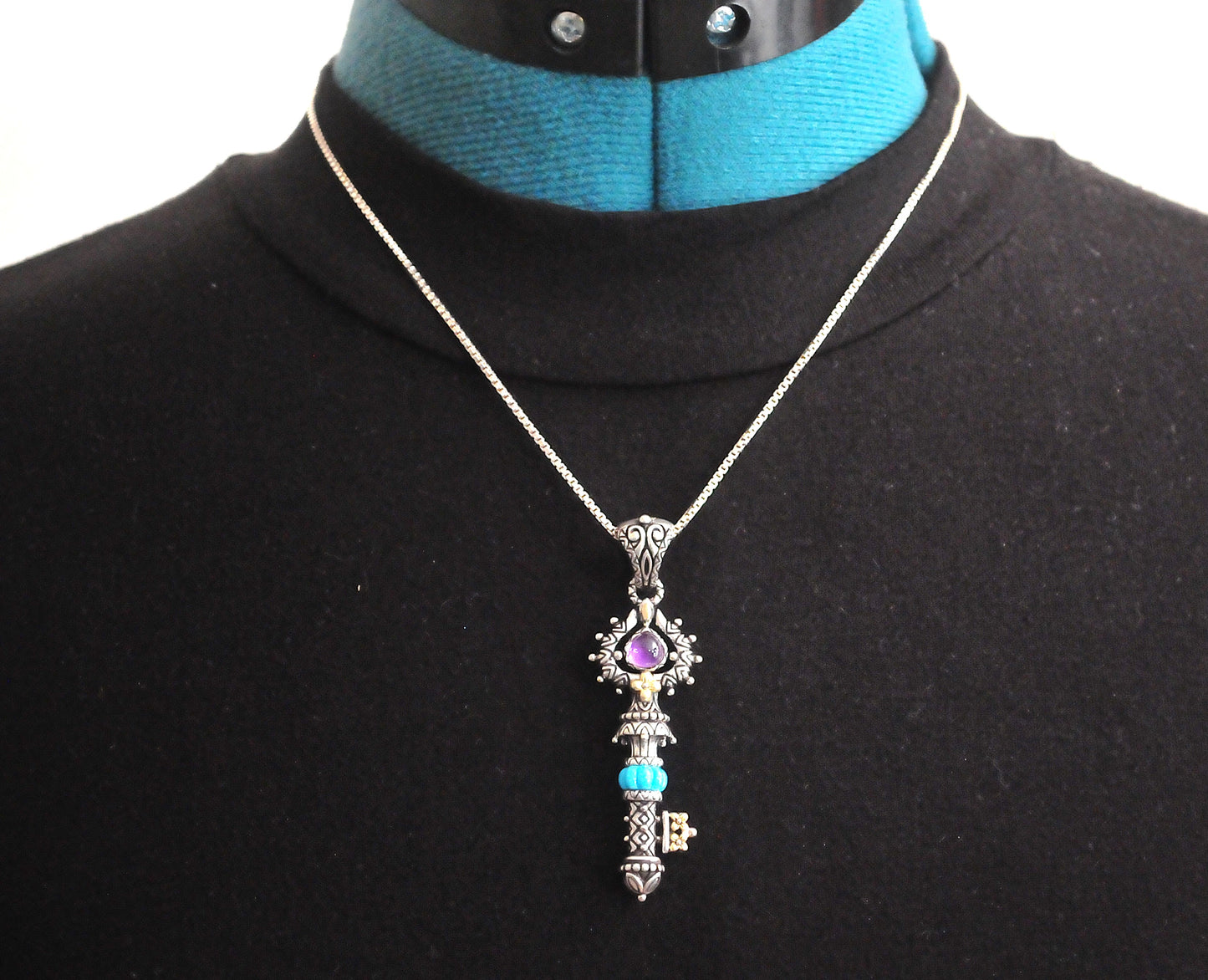 Barbara Bixby Sterling Silver 18K Gold Amethyst Turquoise Key Enhancer Pendant