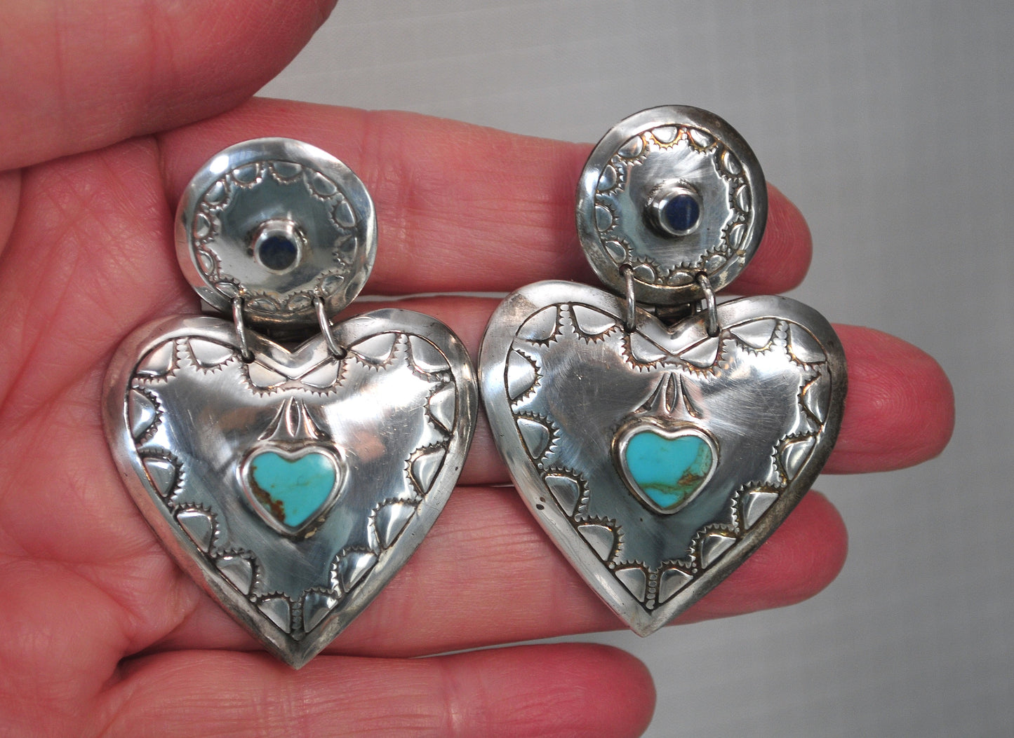Large Sterling Silver Turquoise Lapis Clip On Heart Earrings