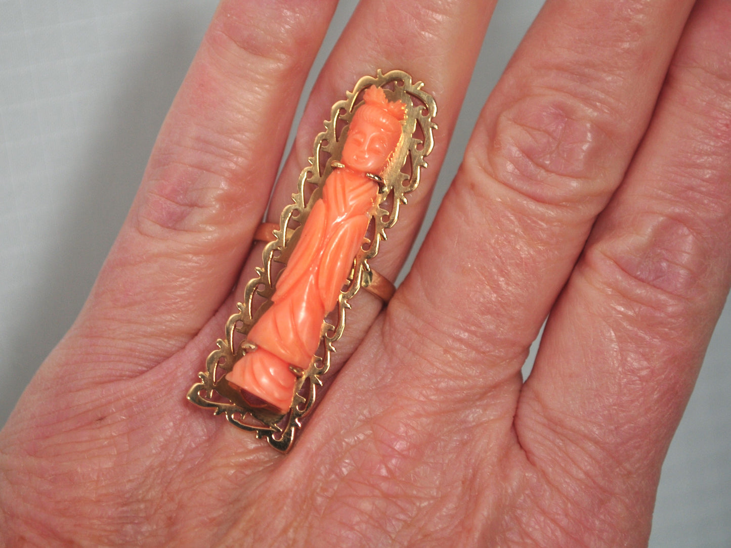 Antique 14K Gold Chinese Carved Coral Buddhist Ring