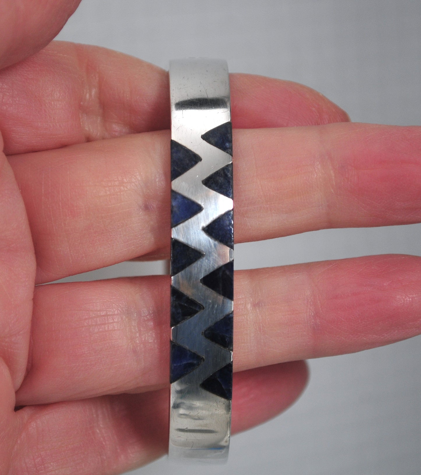 Signed Sterling Silver Lapis Geometric Bangle Bracelet